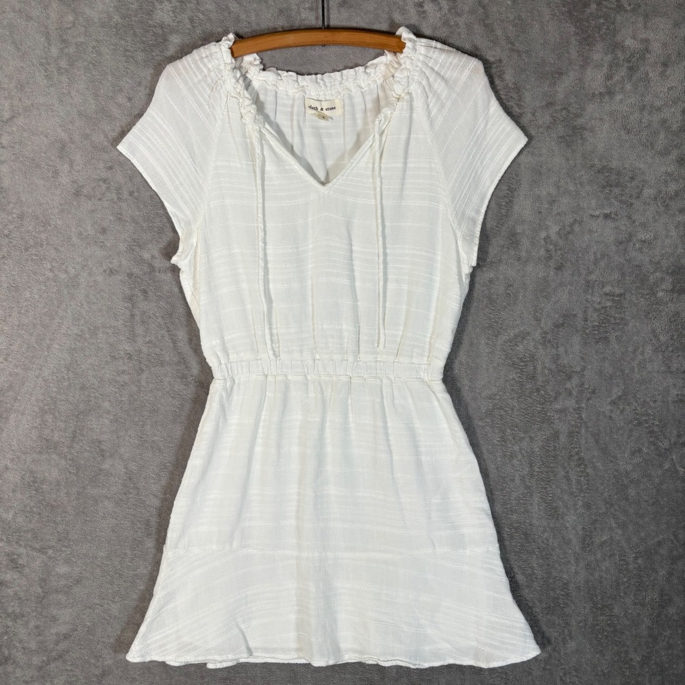Cloth & Stone White Linen Blend V-Neck Cap Sleeve Ruffle Dress S Coastal Boho